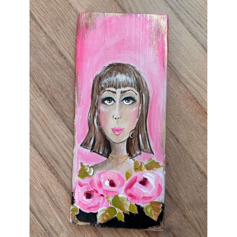 Stylized Portrait Woman Brown Hair Brown Eyes Pink Gold Black Rectangular